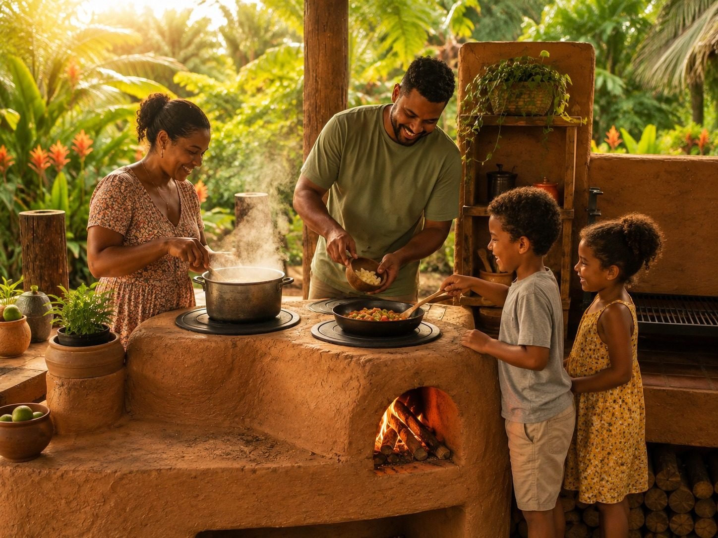 Familia cocinando junta en una cocina rocket de barro al aire libre